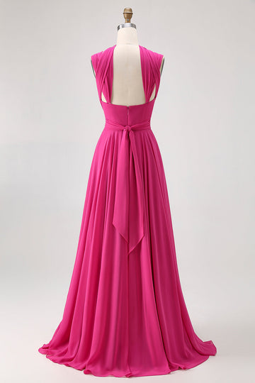 Fuchsia A Line Convertible Chiffon Long Bridesmaid Dress with Slit